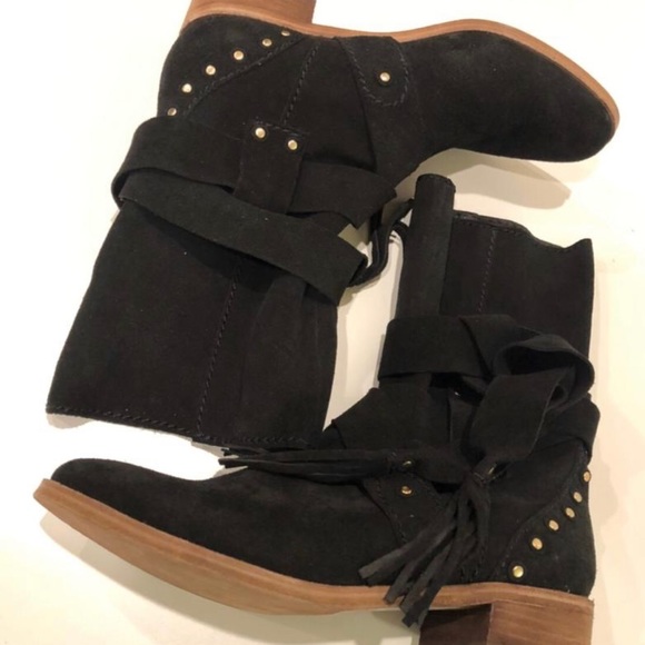 See By Chole Tassel Strap Studded Suede Flat Boots - Size 36.5 - NEW - in Black - Picture 5 of 8